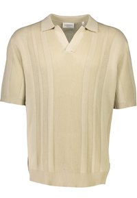 Ljusbeige polotröja med korta ärmar, med vertikal ribbad textur och V-hals. Sidorna är något längre bak.