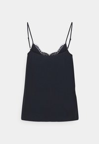 Czarna koszulka bez rękawów z cienkimi regulowanymi ramiączkami, zdobiona koronką przy dekolcie. Gładki materiał z luźnym krojem.