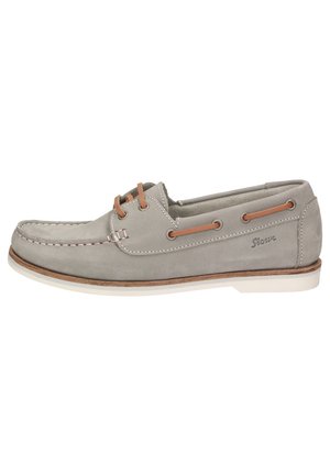 Gray suede boat shoe with contrasting brown laces and stitching, white midsole, and textured outsole. Logo present on the side.