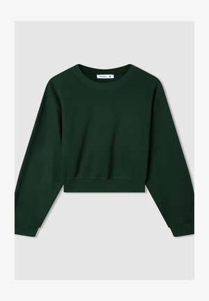 Zielony krótki sweter z długimi rękawami, okrągłym dekoltem i ribbowanym wykończeniem. Wykonany z miękkiego materiału, charakteryzujący się prostym fasonem z minimalnymi detalami.