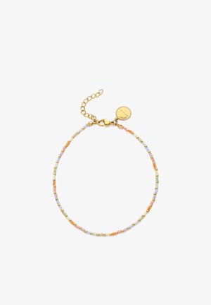 Bracelet délicat en perles fines avec de petites perles de couleur pastel et des accents dorés, doté d’un fermoir chaîne en or et d’une petite plaque ronde.