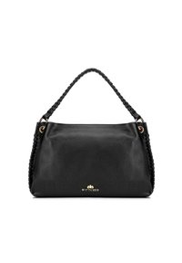 Zwarte leren handtas met een geweven schouderband, voorzien van een gouden logo-detail aan de voorkant en een gladde, gestructureerde oppervlakte.