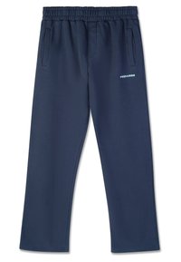 Navy blue sweatpants with an elastic waistband, two side pockets, and a reflective "PEGADOR" logo on the left leg. Smooth fabric texture.