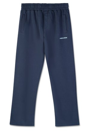Navy blue sweatpants with an elastic waistband, two side pockets, and a reflective "PEGADOR" logo on the left leg. Smooth fabric texture.