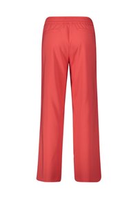 Red, wide-leg pants with an elastic waistband and two back pockets. Made from a smooth, lightweight fabric with a solid color.
