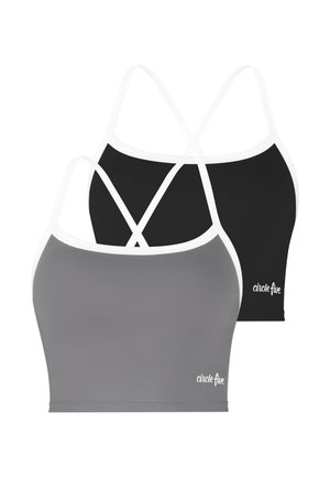 Zwei gekürzte Damen-Tanktops mit weißen Trägern, eines grau und eines schwarz, beide mit dem "circle five" Logo vorne unten rechts.