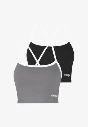 Zwei gekürzte Damen-Tanktops mit weißen Trägern, eines grau und eines schwarz, beide mit dem "circle five" Logo vorne unten rechts.
