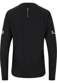 Pitkähihainen musta urheilupaita, sileä pinta, litteät saumat, jossa on "ELITE LAB" -brändäys takana ja hihoissa.