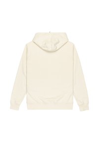 Sudadera color crema hecha de una tela suave, con capucha ajustable, mangas largas y puños acanalados. Textura lisa sin logotipos visibles.