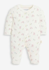 Bambus romper til baby med lange ærmer, hvid base, lyserøde kanintryk og små blomsteraccenter. Trykknaplukning langs forsiden.