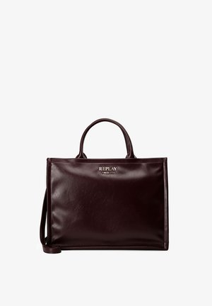Burgundy leather tote bag with two top handles, silver logo detailing, smooth texture, rectangular shape, and removable shoulder strap.