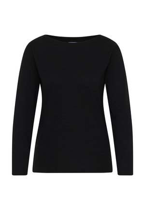 Zwarte lange mouwen shirt van zachte stof, met een boothals en een aansluitend ontwerp. Geen zichtbare patronen of hardwaredetails.