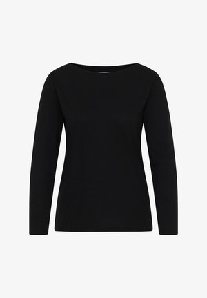 Zwarte lange mouwen shirt van zachte stof, met een boothals en een aansluitend ontwerp. Geen zichtbare patronen of hardwaredetails.