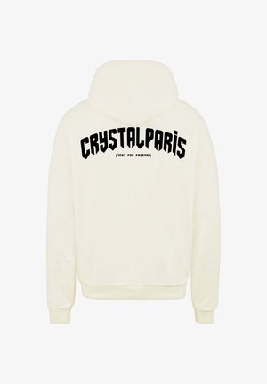 Kremowa bluza z kapturem i sznurkiem do regulacji. Tył zdobi odważny czarny napis: "CRYSTALPARIS" oraz "FIGHT FOR FREEDOM" w różnych rozmiarach.