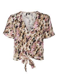 Blusa con maniche corte e bottoni, con stampa floreale astratta nei colori rosa, marrone, nero e beige, caratterizzata da un nodo al centro in fondo.