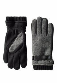 Schwarz-graue Handschuhe mit Fischgrätenmuster, gerippten Bündchen und Lederelementen. Mit einem Druckknopfverschluss und einem strukturierten Griffbereich.