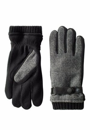 Schwarz-graue Handschuhe mit Fischgrätenmuster, gerippten Bündchen und Lederelementen. Mit einem Druckknopfverschluss und einem strukturierten Griffbereich.