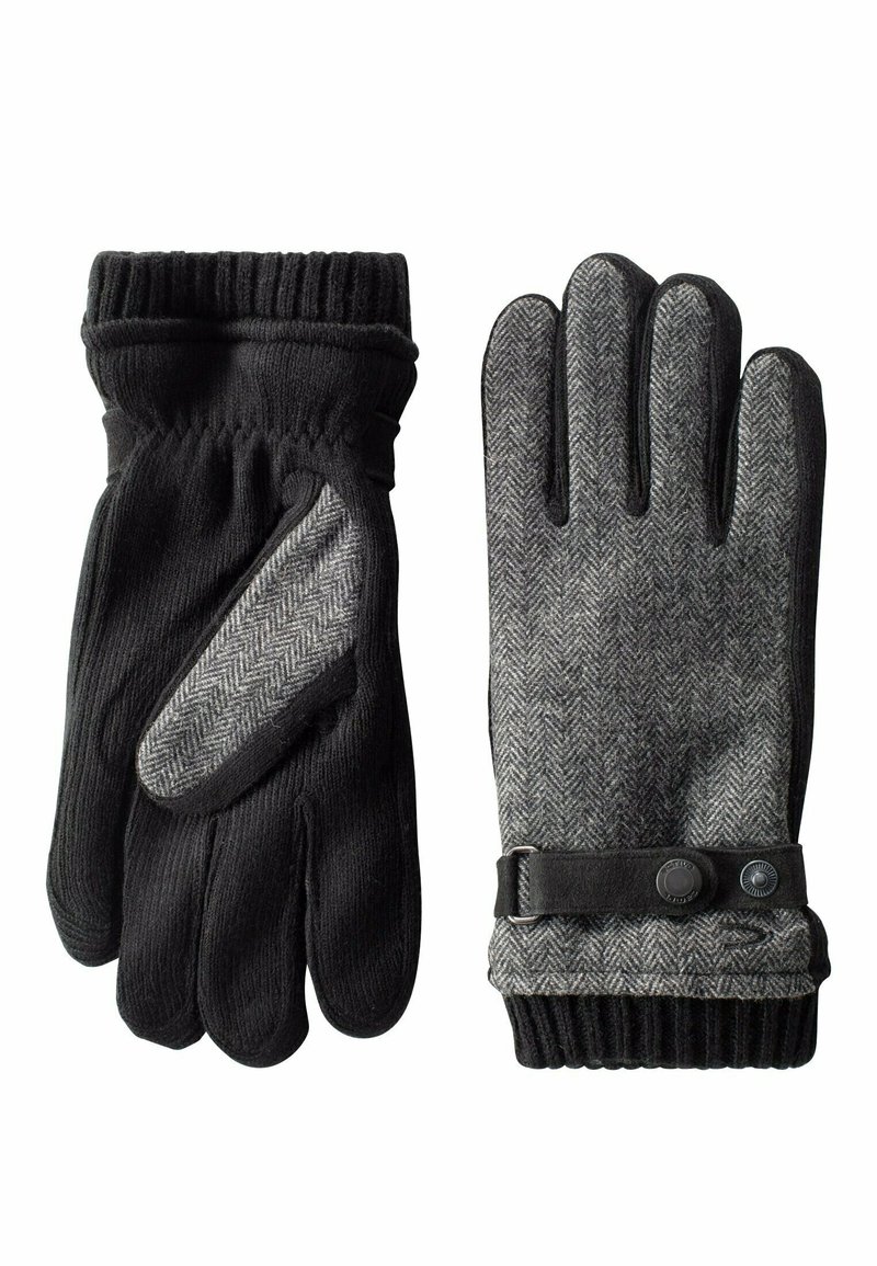 Schwarz-graue Handschuhe mit Fischgrätenmuster, gerippten Bündchen und Lederelementen. Mit einem Druckknopfverschluss und einem strukturierten Griffbereich.