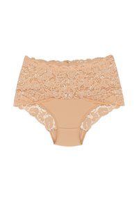 Beige hipster onderbroek met een kanten tailleband en rand, gladde stof voor het lichaam, met een bloemenkant patroon en gegolfde randen.