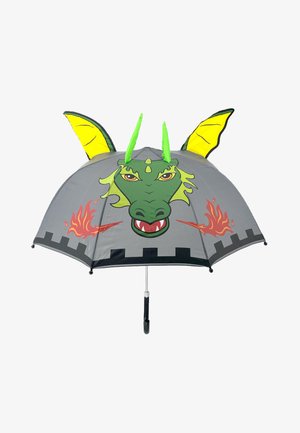 Grey dragon-themed umbrella featuring green dragon face, yellow ears, and black castle silhouette with red flames printed on the canopy.