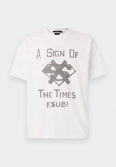White cotton t-shirt featuring gray printed text and graphics, including a crossed-out dollar sign and stylized letters, with short sleeves.