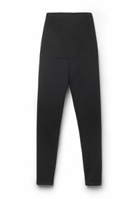 Leggings noirs taille haute en tissu extensible, avec une texture lisse et un design ajusté sans matériel ou motifs visibles.