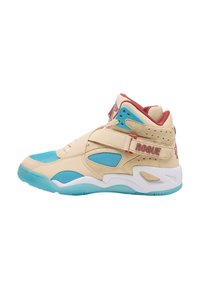Wysokie sneakersy z beżową skórzaną cholewką z niebieskimi siateczkowymi akcentami, białą podeszwą środkową, czerwoną kołnierzówką i regulowanym paskiem z napisem "ROGUE".