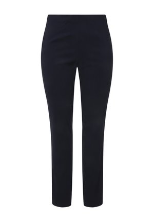 Pantalones azul marino con un diseño ajustado, textura suave y sin hardware ni patrones visibles. Líneas limpias y apariencia a medida.