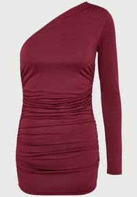 Bordo vienos peties suknelė su ilgomis rankovėmis, raukšlėta tekstūra ir prigludusia siluetu, pagaminta iš elastingos medžiagos patogumui.