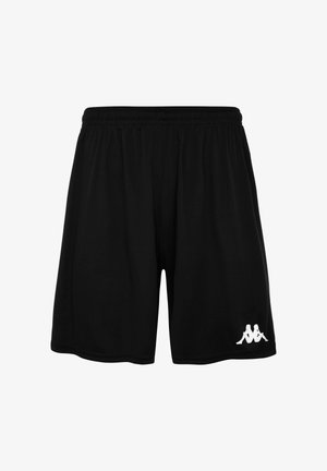 Pantalones cortos deportivos negros con una cinturilla elástica, con un logo blanco en la parte inferior derecha. Fabricados con material ligero y transpirable.