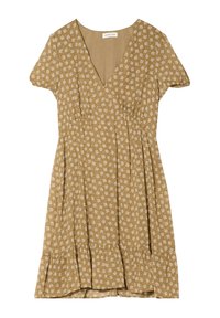 Vestito floreale marrone con maniche corte, scollatura a V, vita arricciata e orlo con volant. Presenta motivi floreali bianchi su tutto il tessuto.