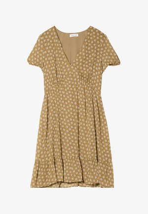 Vestito floreale marrone con maniche corte, scollatura a V, vita arricciata e orlo con volant. Presenta motivi floreali bianchi su tutto il tessuto.