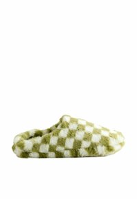 Green and white checkered fuzzy slipper with a soft, fluffy texture and rounded toe design, featuring a cozy overall shape.