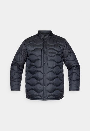 Polstret ytterjakke i mørk marineblå, med quiltet design og avrundede mønstre, trykknapplukking og krage.