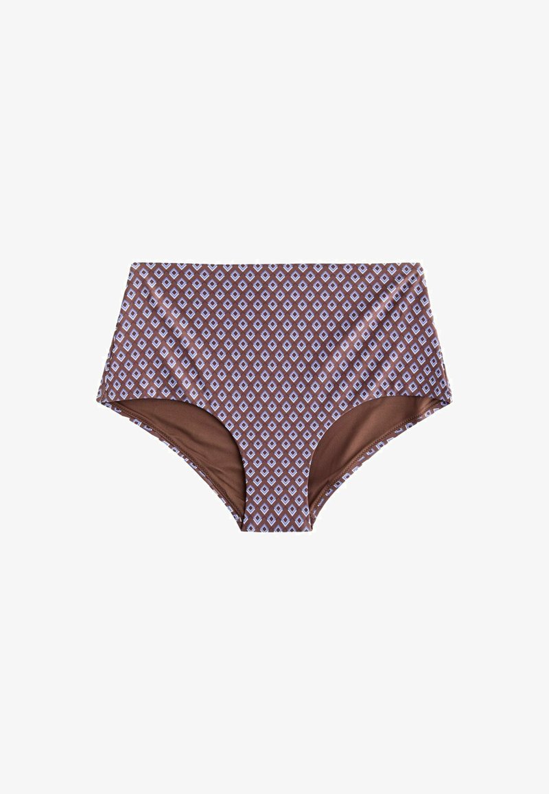 Bas de bikini marron taille haute avec un motif répétitif de losanges blancs et bleu clair sur fond blanc.