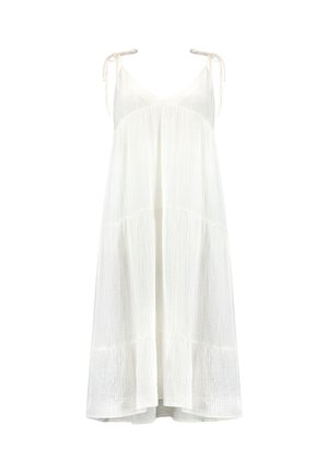Weißes, knielanges Kleid mit lockerer Passform, gefertigt aus strukturiertem Stoff. Mit dünnen, verstellbaren Schulterträgern und einem gestuften Design.