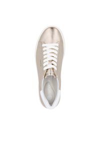 Metallic gold sneaker with white laces, rounded toe, and smooth texture. Features a cushioned insole and minimal branding on the side.