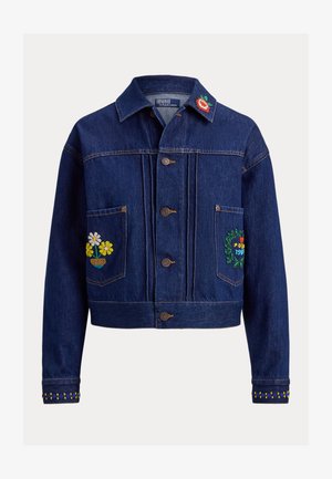 Dunkelblaue Jeansjacke mit Knopfverschluss, floraler Stickerei auf Taschen, Kragen und Bündchen, Marke Polo von Ralph Lauren.