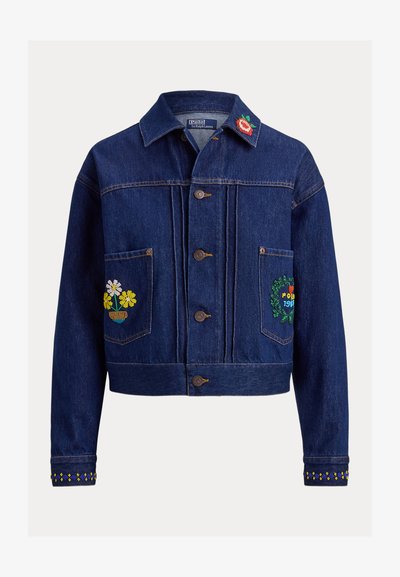Jachetă din denim albastru închis cu închidere cu nasturi, broderie florală pe buzunare, guler și manșete, etichetată Polo by Ralph Lauren.