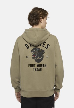 Felpa khaki con cappuccio, decorata con una grafica di un panaerone nero e la scritta "Fort Worth Texas" sul retro, realizzata in tessuto morbido con polsini a costine.