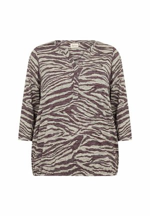 Top lung cu mâneci lungi, ușor, în nuanțe de crem și purpuriu închis cu model zebra. Prezintă un decolteu în V cu trei butoane și o croială lejeră. Material moale cu textură.