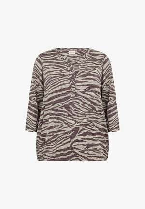 Top lung cu mâneci lungi, ușor, în nuanțe de crem și purpuriu închis cu model zebra. Prezintă un decolteu în V cu trei butoane și o croială lejeră. Material moale cu textură.