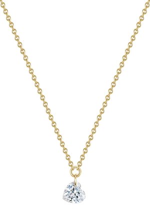 Goldkette mit einem herzförmigen, klaren Edelsteinanhänger. Die Kette hat ovale Glieder, und der Anhänger ist poliert und facettiert.