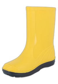 Geel rubberen regenlaars met een gladde textuur, ronde neus en een zwarte zool. Heeft een eenvoudig, naadloos ontwerp voor gemakkelijke instap.