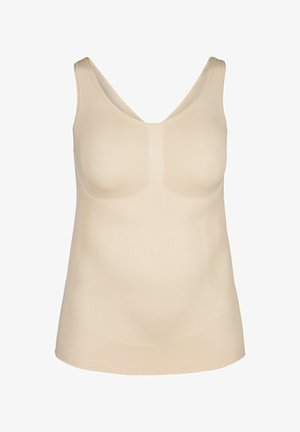 Bež bešavni top bez rukava za oblikovanje tijela s ugrađenom potporom za grudi, glatkom teksturom i širokim naramenicama.