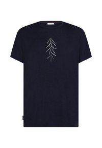 Navy cotton T-shirt with short sleeves, featuring a white leaf design at the center. Round neckline with a small brand tag at the hem.