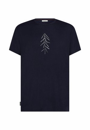 Navy cotton T-shirt with short sleeves, featuring a white leaf design at the center. Round neckline with a small brand tag at the hem.