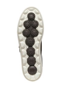 Suola della scarpa con sezioni in gomma marrone arrotondate, accenti bianchi e motivi circolari testurizzati. Presenta l'impronta "BREVETTO ITALIANO".