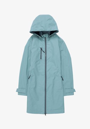 Helleblaue, wasserdichte Jacke mit Reißverschluss vorne, verstellbarem Kapuze und zwei Seitentaschen. Verfügt über ein schlankes, minimalistisches Design und strukturierten Stoff.