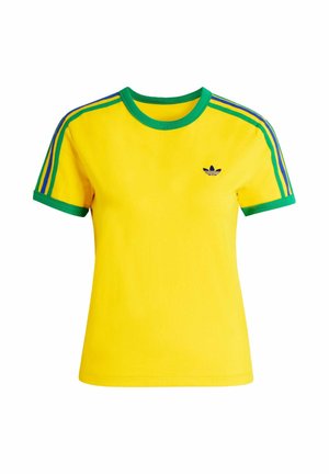 Gul bomullst-shirt med grön ribbad krage och ärmslut. Har blå och gröna randiga detaljer på axlarna samt en liten logga på bröstet.